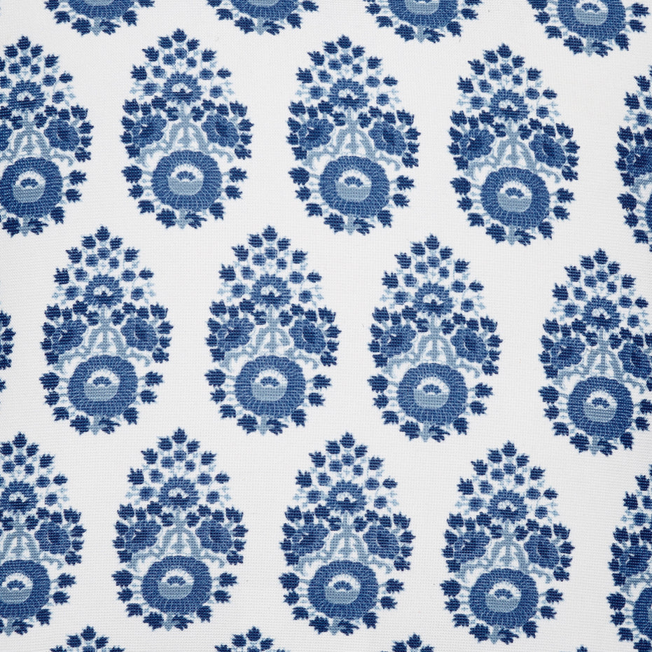 A blue and white floral pattern on a white background featuring small Adira Indigo Outdoor Decorative Pillows from John Robshaw.