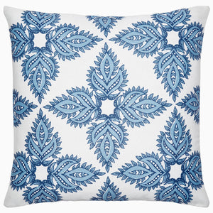 A Maira Indigo outdoor decorative pillow by John Robshaw with a floral pattern.
