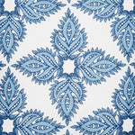 A Maira Indigo Outdoor Decorative Pillow by John Robshaw, with a blue and white paisley pattern on a white background, suitable for outdoor use. - 29302647914542