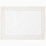 A John Robshaw Stitched Gold Placemat with white cotton slub fabric and gold trim, hand stitched. - 29333350711342