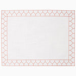 A white tablecloth with an orange border, John Robshaw 100% cotton slub Stitched Coral Placemat for a formal style. - 29333338128430