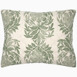 A green and white Asma Woven Quilt pillow with a printed cotton slub chambray cover by John Robshaw. - 29299580141614