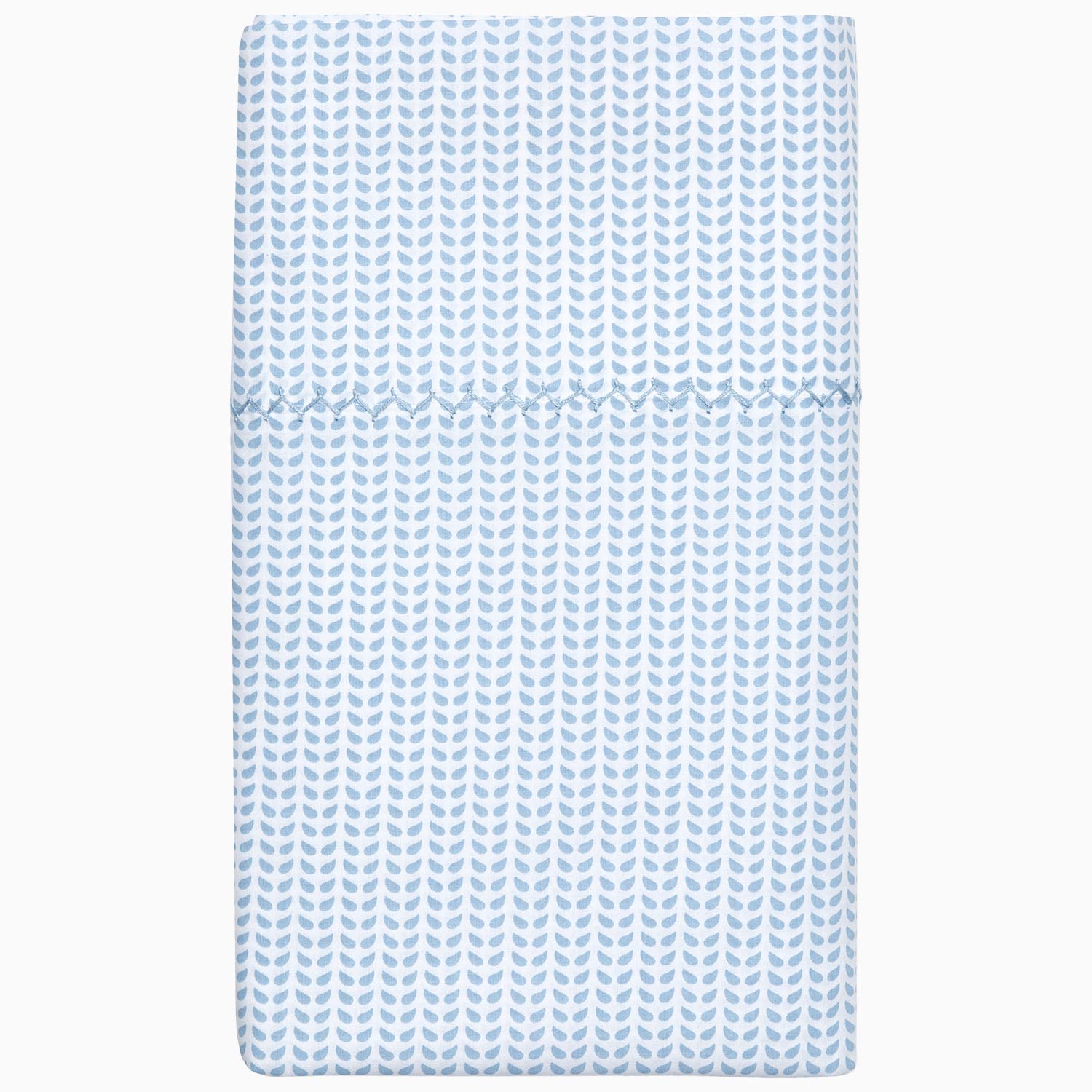 A Cinde Light Indigo Organic Sheet Set by John Robshaw, with a chevron pattern made from 100% cotton percale.