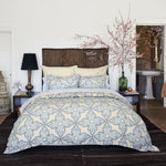 A Dasati Duvet Set from Duvets & Shams with a blue and white floral pattern made of linen. - 29302428925998
