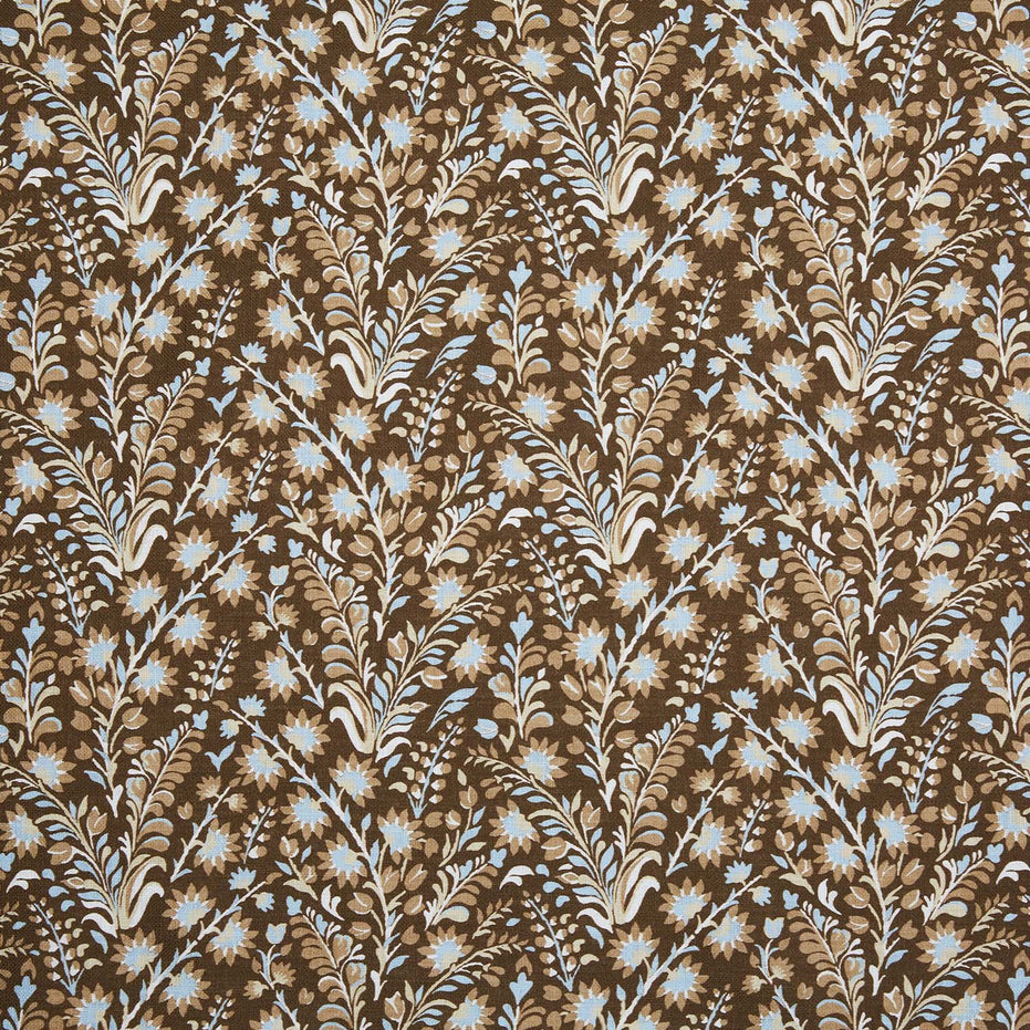 A Valli Chestnut Fabric with a digitally printed floral pattern in brown and blue by John Robshaw.