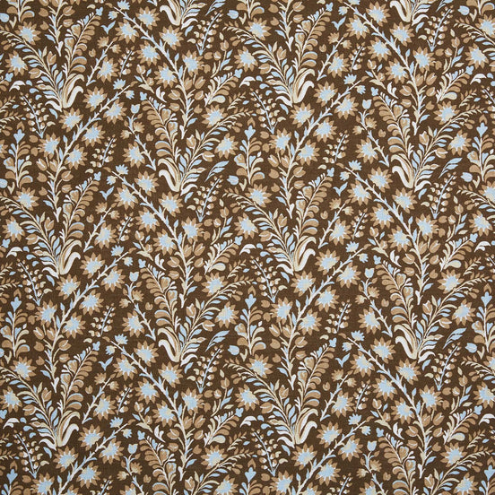 A Valli Chestnut Fabric with a digitally printed floral pattern in brown and blue by John Robshaw.