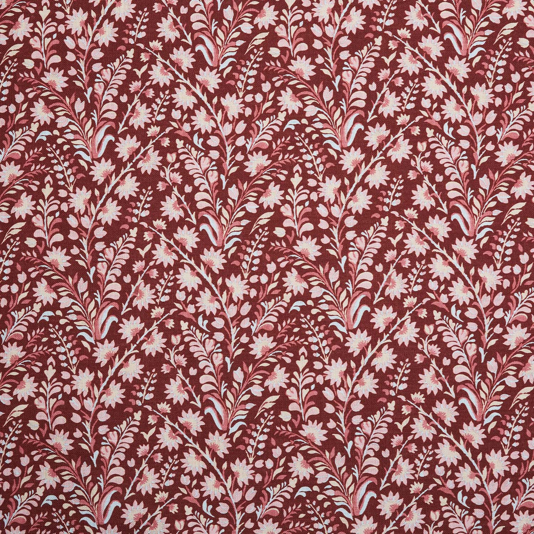 A John Robshaw Valli Teak Fabric, digitally printed red and white floral fabric.