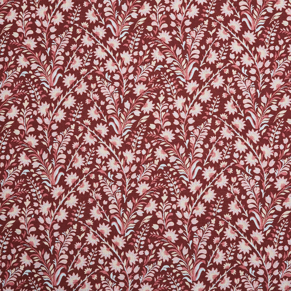 A John Robshaw Valli Teak Fabric, digitally printed red and white floral fabric.