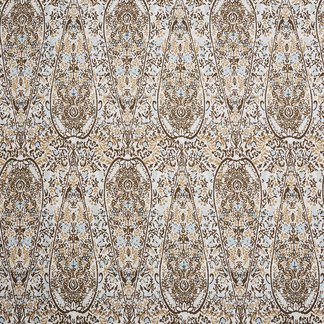 A John Robshaw Ishya Chestnut Fabric with a digitally printed beige and blue paisley pattern on a white background.
