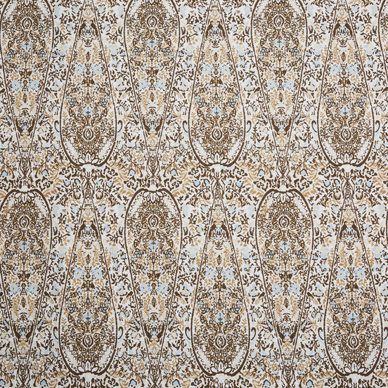 A John Robshaw Ishya Chestnut Fabric with a digitally printed beige and blue paisley pattern on a white background.