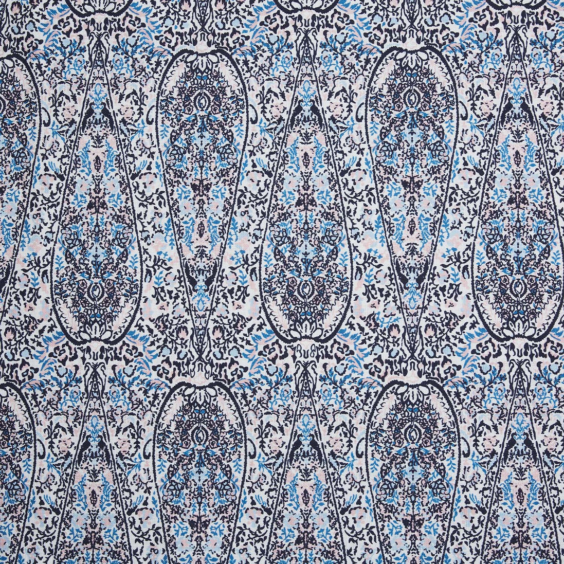 A John Robshaw Ishya Indigo Fabric in a blue and white paisley print on a white background.