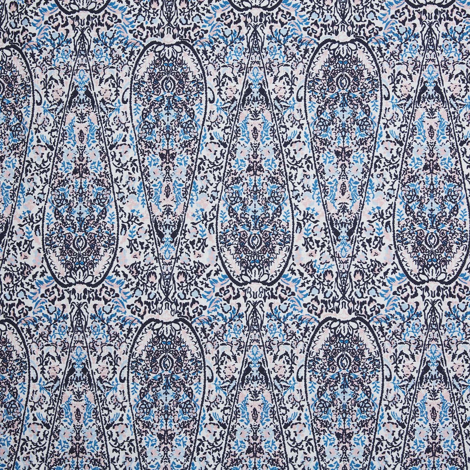 A John Robshaw Ishya Indigo Fabric in a blue and white paisley print on a white background.
