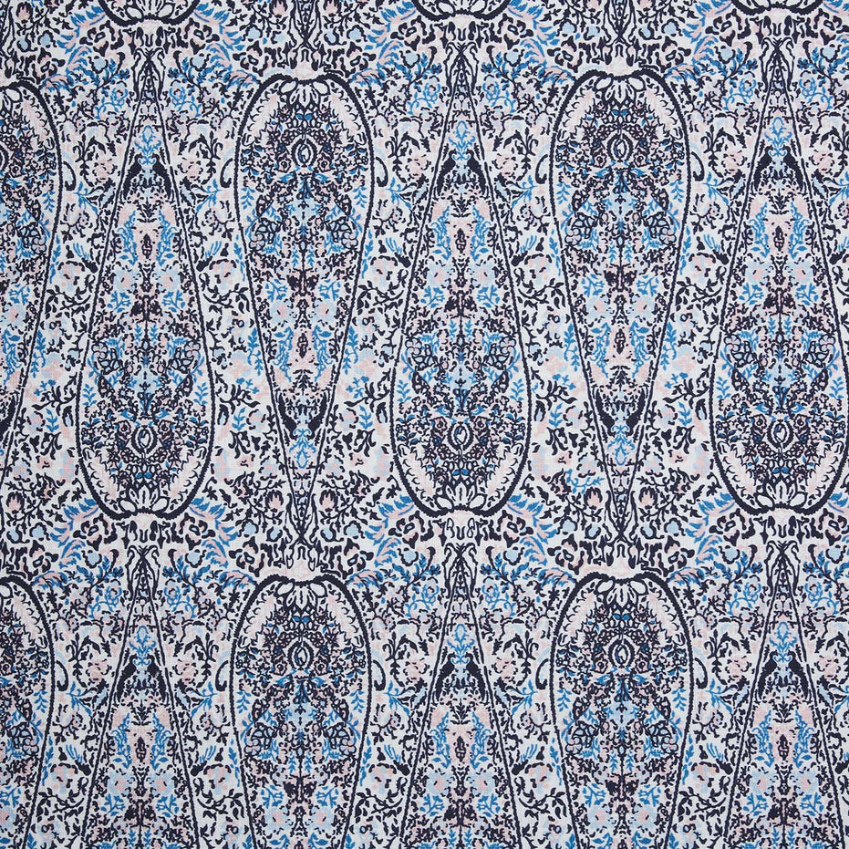 A John Robshaw Ishya Indigo Fabric in a blue and white paisley print on a white background.