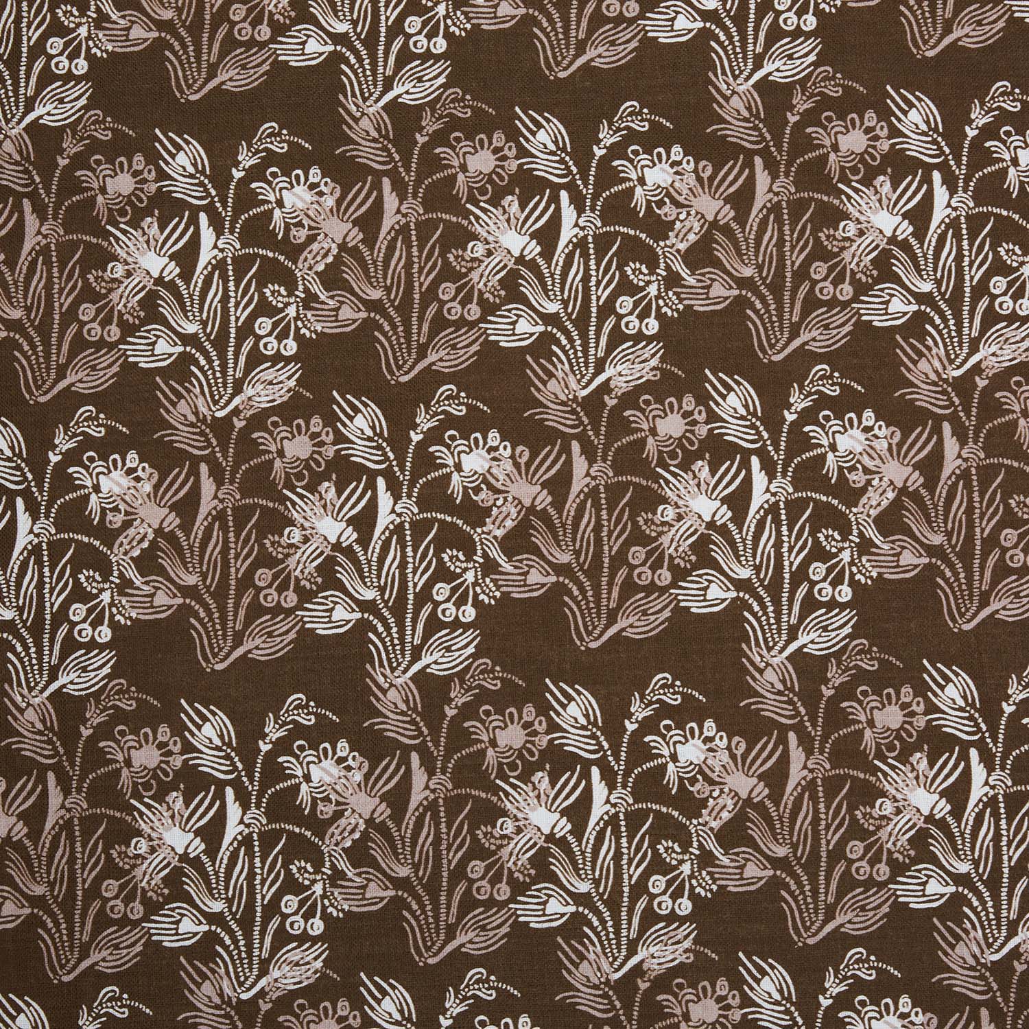 A digitally printed Ananya Chestnut Fabric by John Robshaw, featuring a brown and white floral pattern.