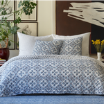 A Palita Lapis Quilt by Quilts & Coverlets, with a blue and white botanical design comforter. - 15307697618990