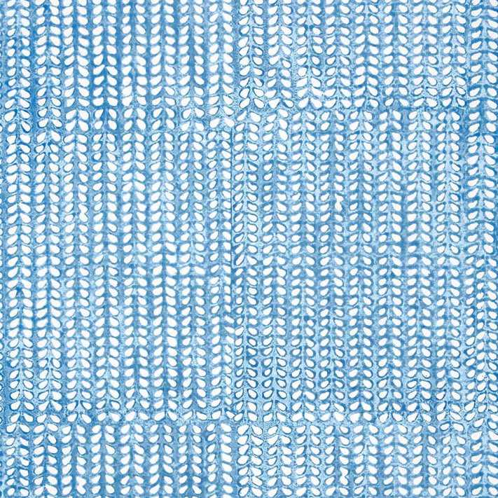 An artisan handmade Aleppo Light Indigo Wallpaper with a blue and white pattern on a clay coated white wallpaper background, by John Robshaw.