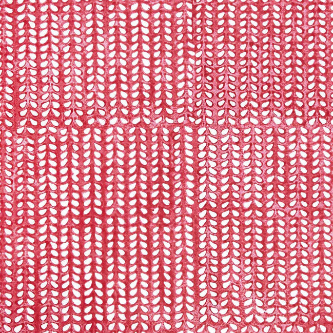 A red and white Aleppo Lotus Wallpaper fabric with a pattern of leaves suitable for commercial use, designed by John Robshaw.