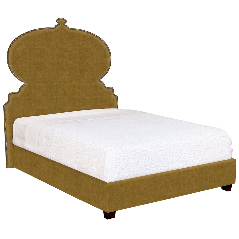 A Custom Orissa Bed with an ornate headboard and footboard available for white glove delivery, by John Robshaw.