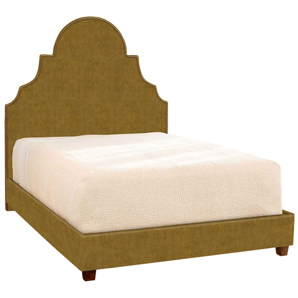 A Custom Dara Bed by John Robshaw, tan upholstered bed with a wooden headboard, available for shipping.