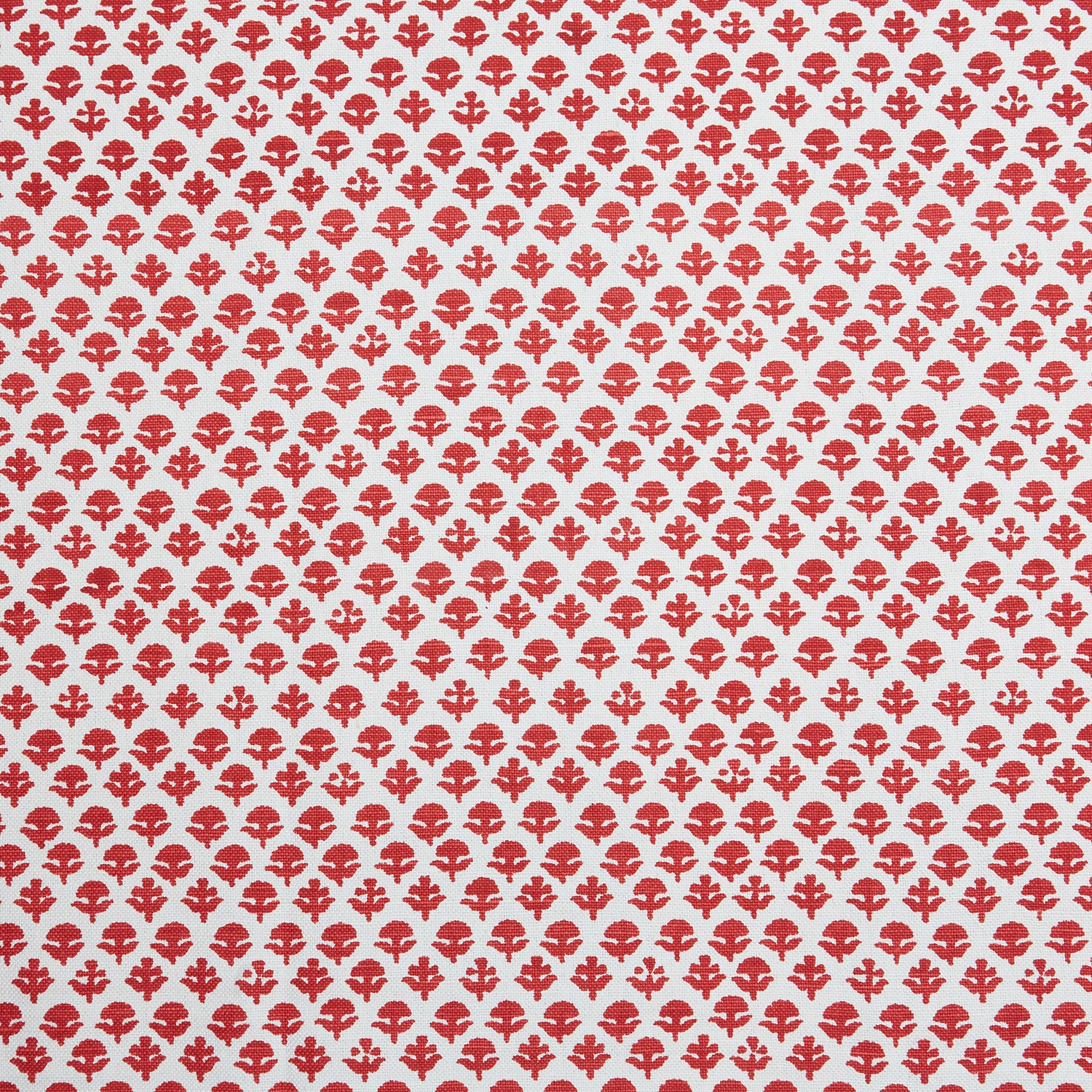 A red and white pattern on a white background, featuring traditional craftsmanship, with the Bindi Coral Fabric by John Robshaw.