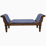 A Vintage Stripe Indigo Settee by John Robshaw, hand inlaid wooden bench with a blue striped cushion made from Indian hard wood. - 29412899749934