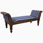 A Vintage Stripe Indigo Settee by John Robshaw, featuring a hand inlaid wooden bench with a blue and white striped upholstered seat. - 29412899815470