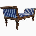 A John Robshaw Vintage Stripe Indigo Settee with a hand inlaid, blue striped upholstered seat. - 29412899782702
