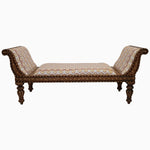 An ornate wooden Lanka Oyster Settee, from John Robshaw, with a hand inlaid upholstered seat. - 29413008998446