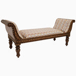 An ornate wooden Lanka Oyster Settee bench with a patterned upholstered seat made of Indian hardwood, by John Robshaw. - 29413009031214