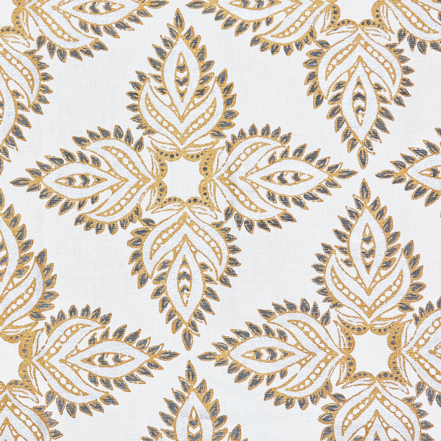 A golden paisley protective symbol on a white background, featuring the Diba Silver Fabric by John Robshaw.