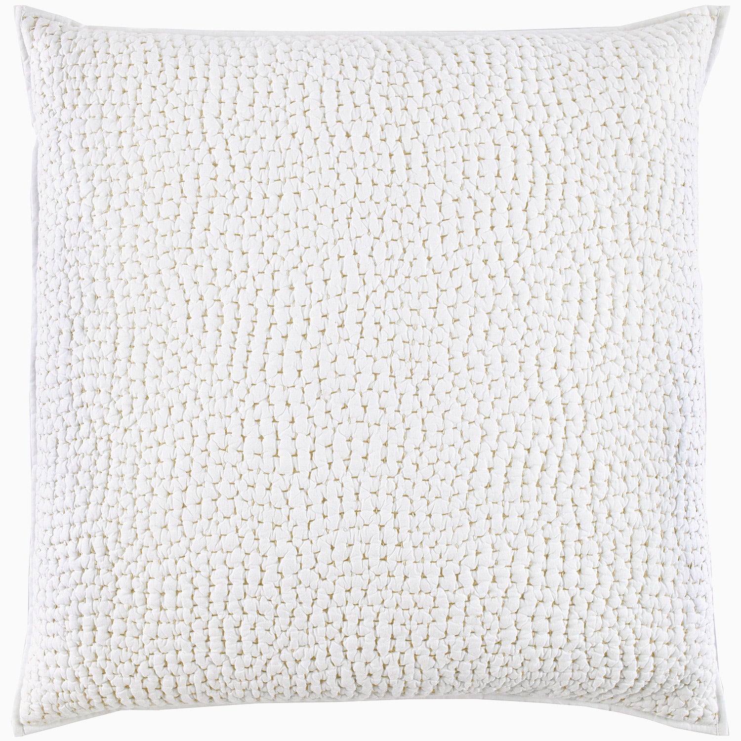 A white pillow with an Organic Hand Stitched Sand Quilt cover embellished with hand stitched beads by John Robshaw.