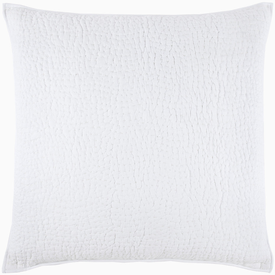 A John Robshaw white pillow featuring the Organic Hand Stitched White Quilt on a white background.