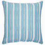 A blue and white striped Lapis Peacock Quilt pillow on a white background made of cotton voile fabric by John Robshaw. - 29981014687790