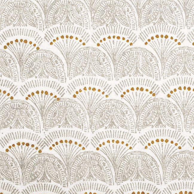 An ancient Greek-inspired pattern featuring handpainted white and gold motifs on a white background, showcasing traditional craftsmanship of the Faris Silver Fabric by John Robshaw.