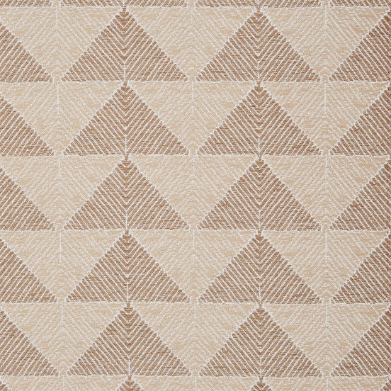 A beige and tan John Robshaw Farzu Sand Performance Fabric rug with triangles on it.