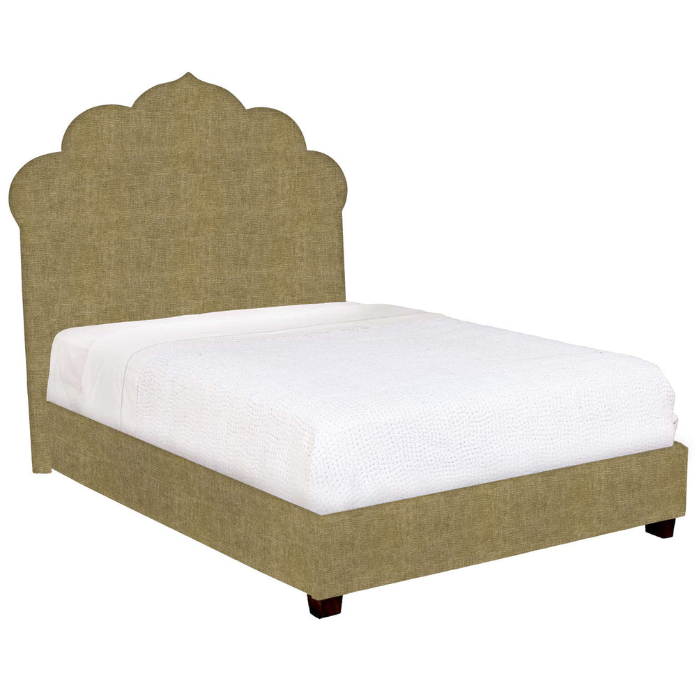 A John Robshaw Custom Bihar Bed with a beige fabric headboard and footboard.