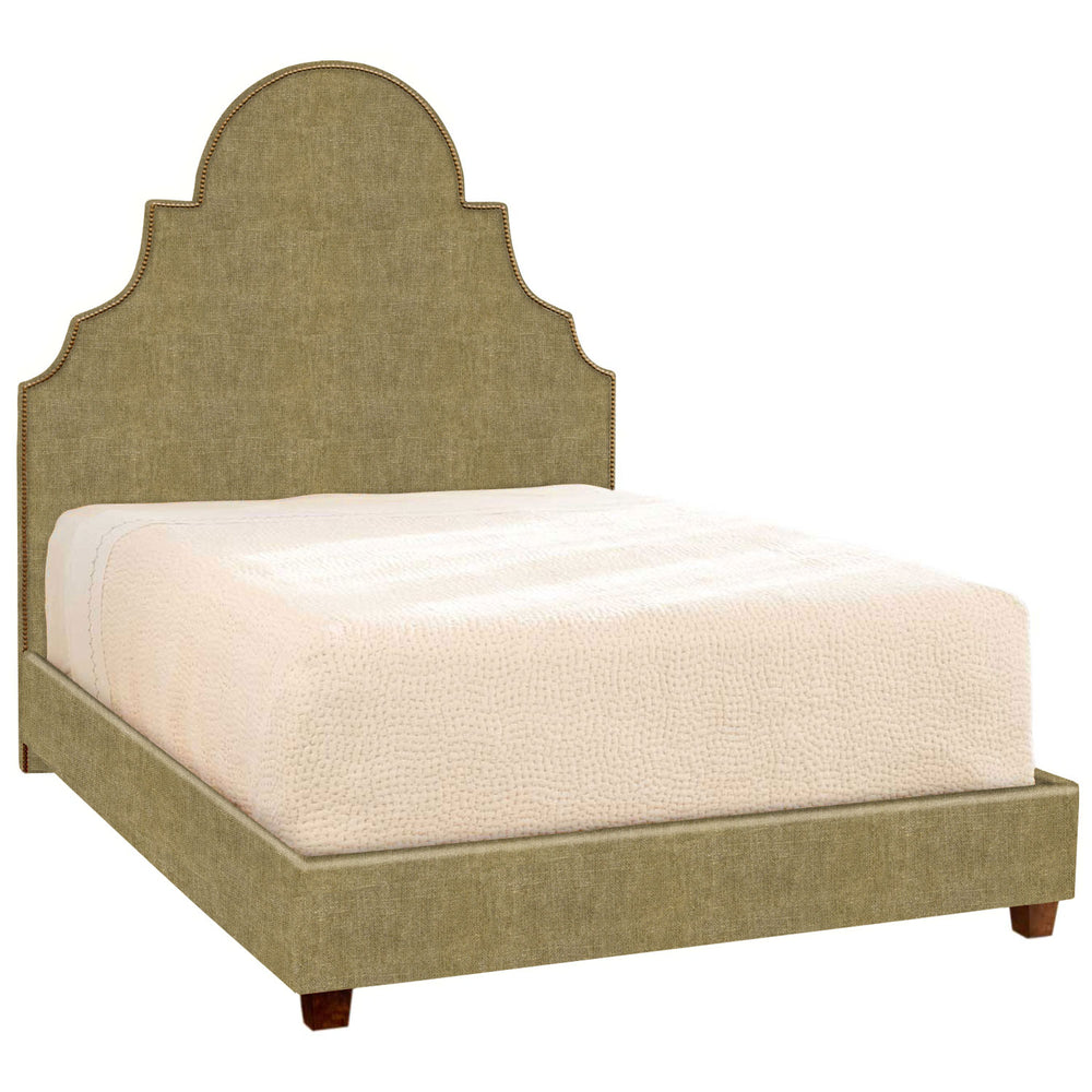 A beige upholstered Custom Dara Bed with a wooden headboard available for shipping by John Robshaw.