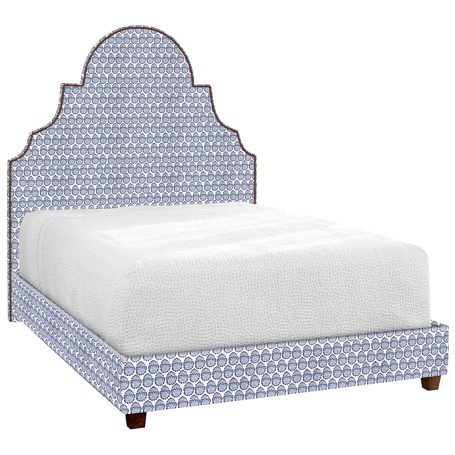 A Custom Dara Bed by John Robshaw with a blue patterned headboard and footboard, available for shipping.