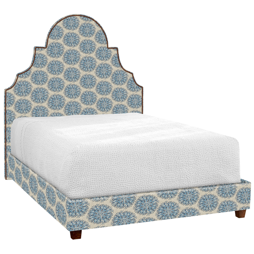 A Custom Dara Bed with a blue patterned headboard and footboard available for shipping, by John Robshaw.