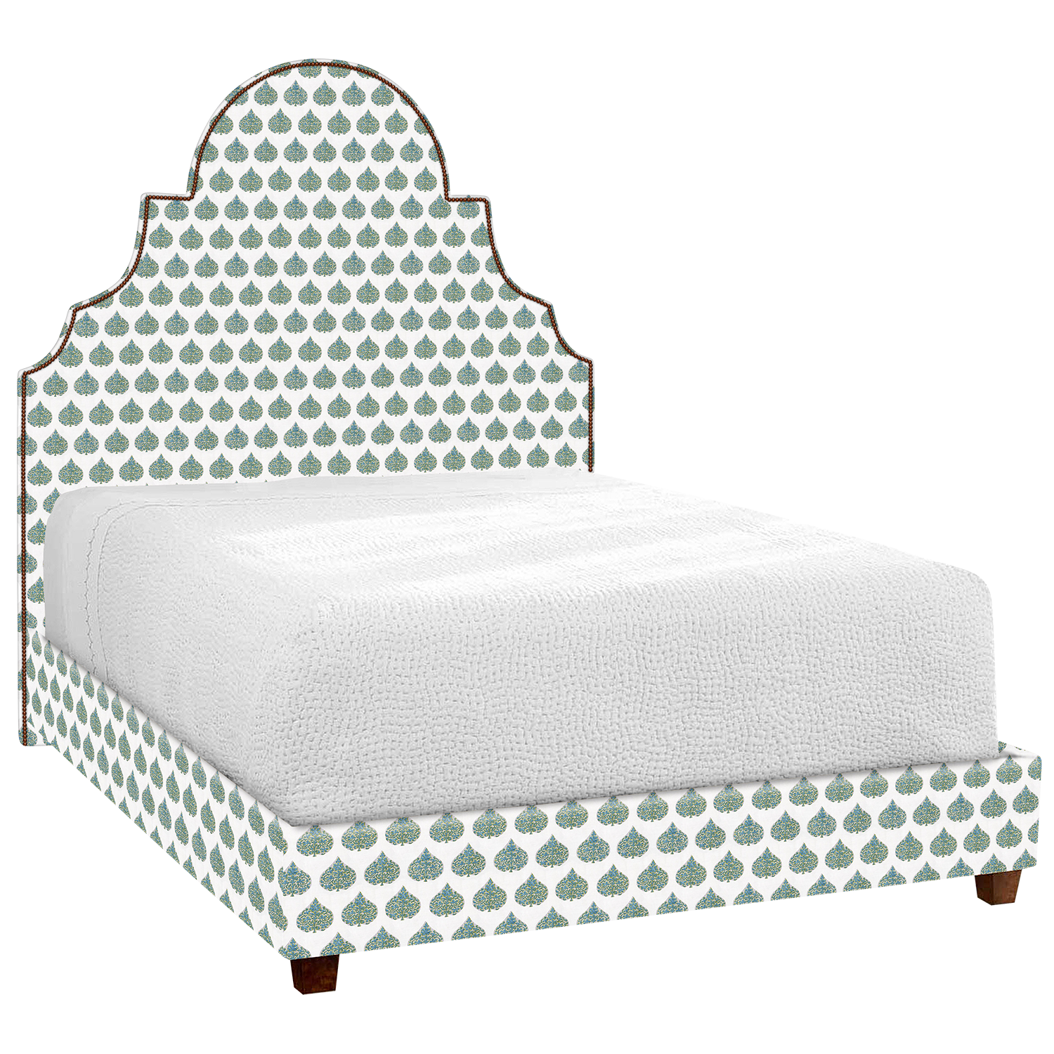 A Custom Dara Bed by John Robshaw with a green and white polka dot pattern for shipping.
