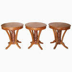 Three Vintage Furniture Wooden Teak Round Tables With Curved Legs on a white background. - 29224427946030