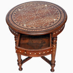 An ornate round wooden table with a John Robshaw bone inlay drawer, called the Round Wooden Inlay Table 12. - 30296349343790