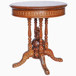 An antique Round Wooden Inlay Table 2 with ornate bone inlay designs by Vintage Furniture. - 30273398013998