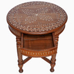 An ornate Round Wooden Inlay Table 3 with a drawer by John Robshaw. - 30273398145070