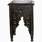 A John Robshaw wooden carved ebony teapoy with a drawer, intricately carved in Gujarat, India. - 30292950384686