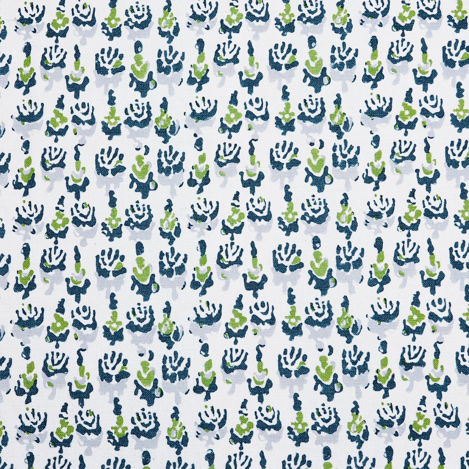 A John Robshaw Kiki Peacock Fabric-inspired, blue and green cactus print on a white background.