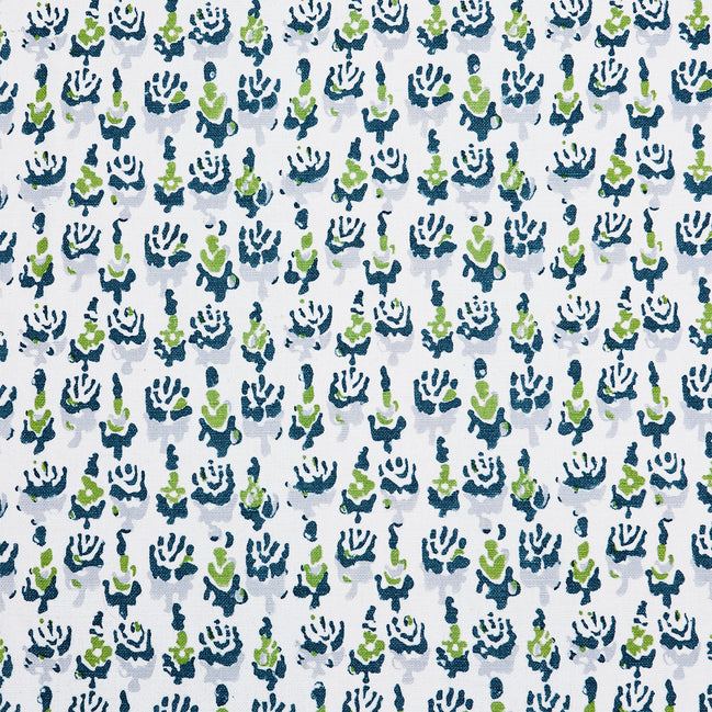 A John Robshaw Kiki Peacock Fabric-inspired, blue and green cactus print on a white background.