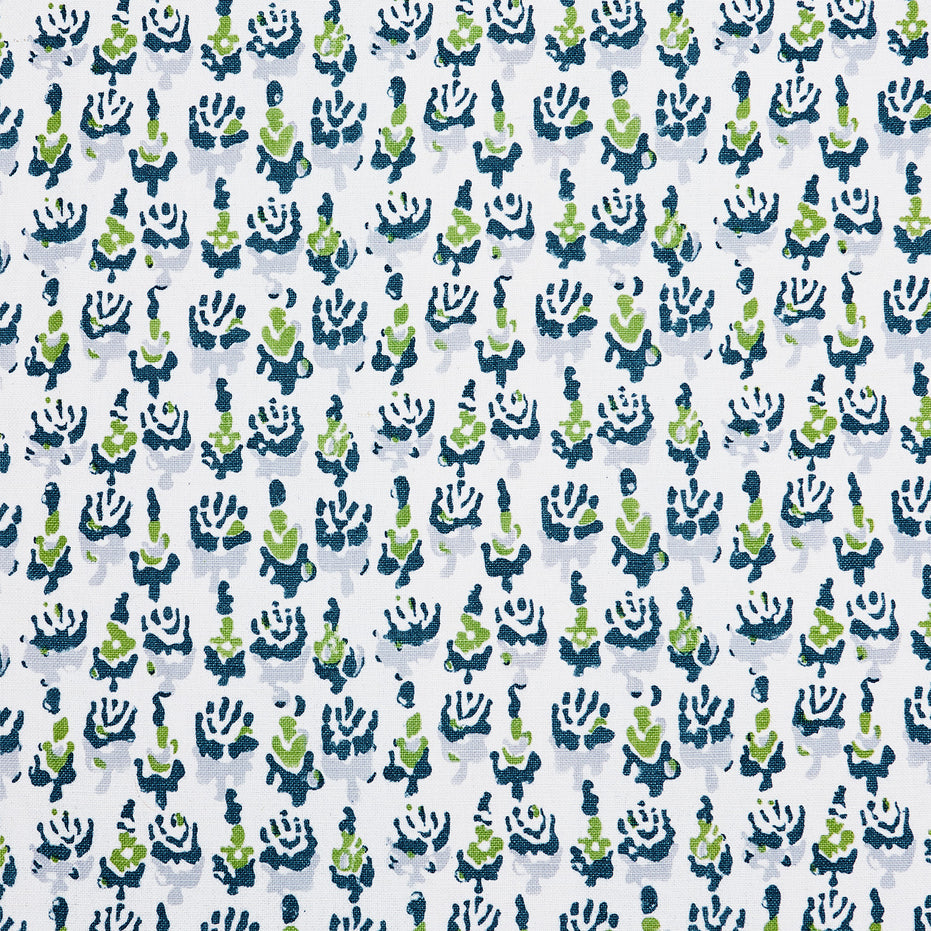 A John Robshaw Kiki Peacock Fabric-inspired, blue and green cactus print on a white background.