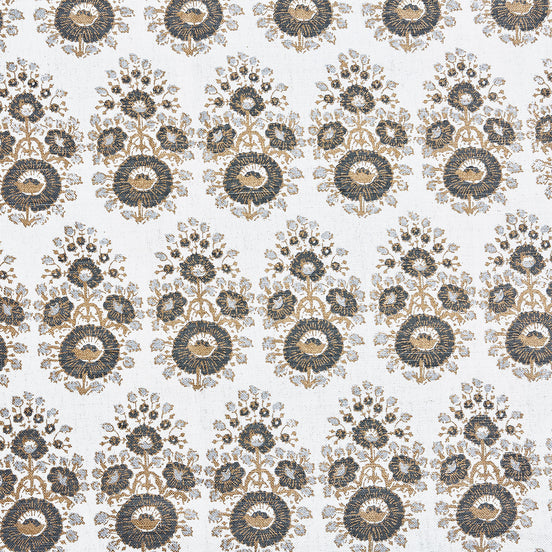 A black and gold paisley pattern on a white background, showcasing the exquisite traditional craftsmanship of John Robshaw's Lanka Metallic Fabric hand block printed fabrics.