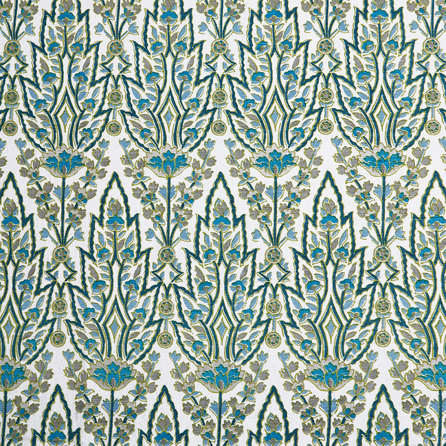 Blue and green Marmar Peacock Fabric pattern on a white background inspired by Mughal gardens, designed by John Robshaw.